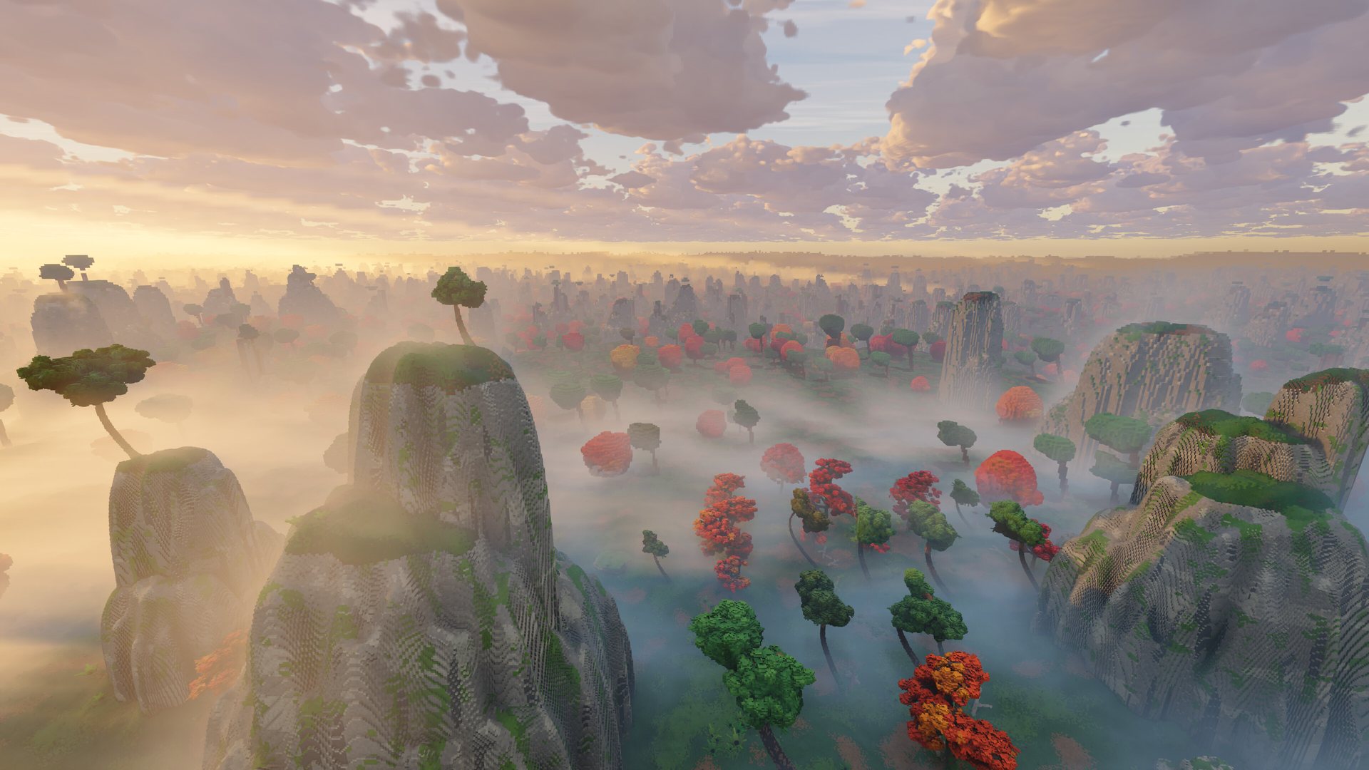 Mist over karst peaks and red maples